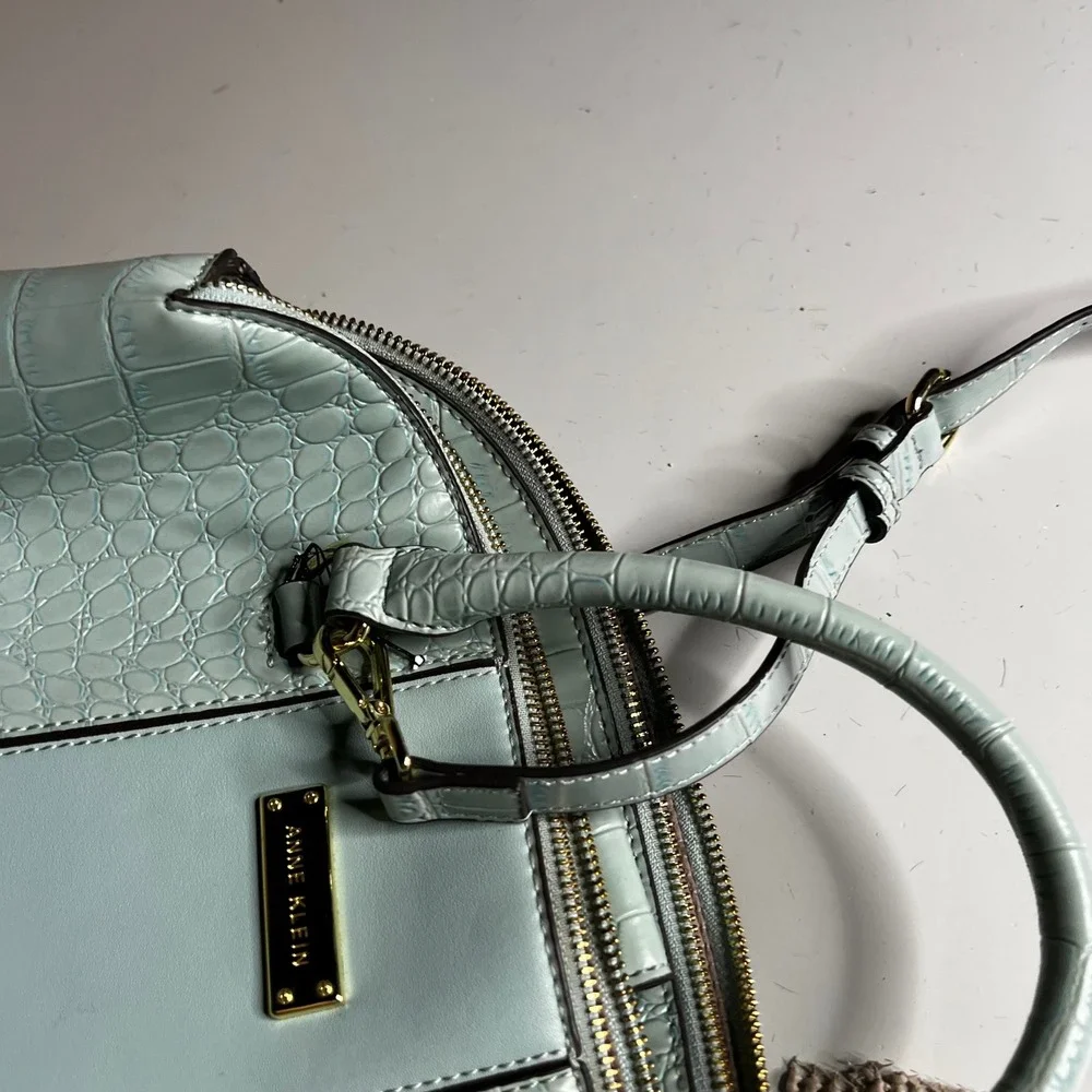 Anne Klein Mint Green Croc Embossed Satchel Crossbody Bag Gold Hardware